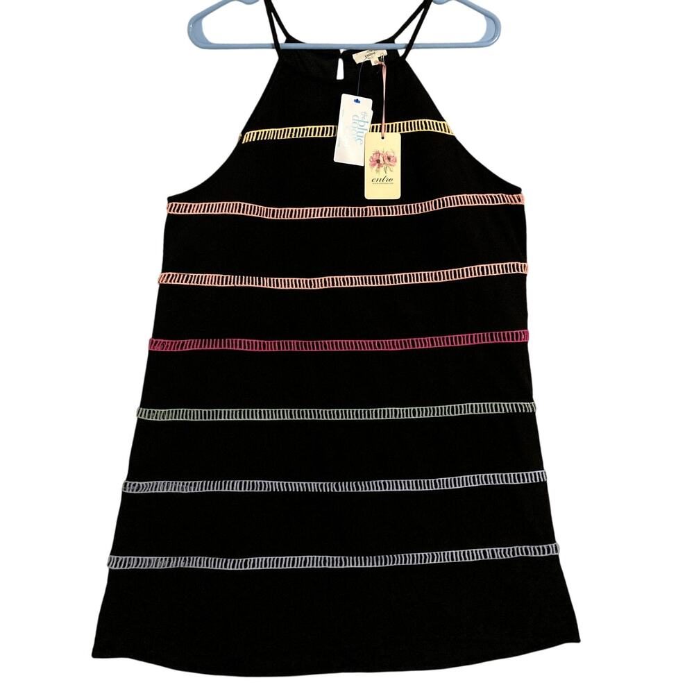 Entro Top Women's Large Black Colorful Striped Sleeveless High Neck Summer Party